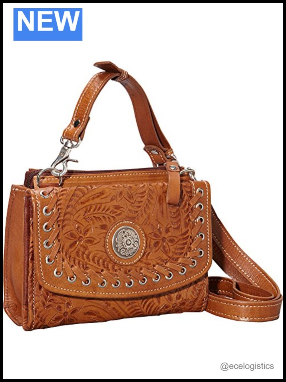 Hand Tooled Genuine Leather Crossbody Wallet Bag with Card Slots and Cash Pocket